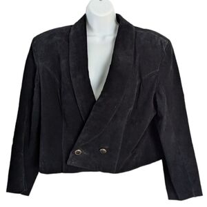 Vintage real suede shoulder pads crop blazer jacket black Large @b